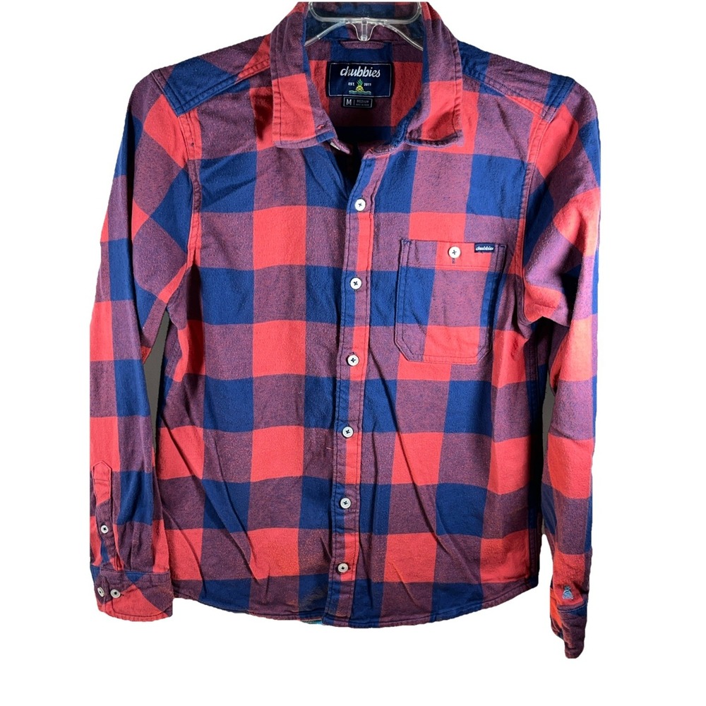Chubbies Mens Red Navy Blue‎ Buffalo Plaid Flannel Button Down Shirt Medium
